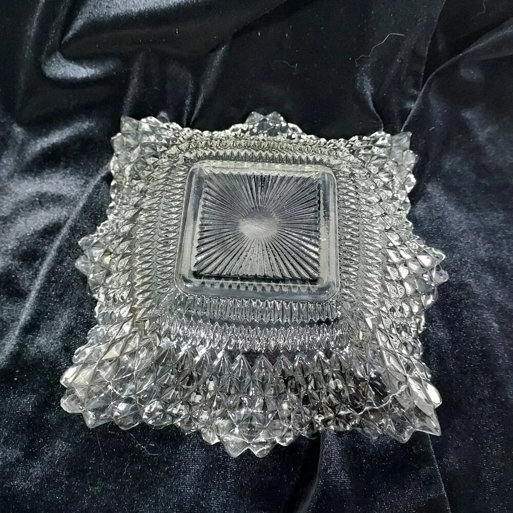 Clear Depression Glass Diamond Cut Candy Dish Candle Holder Sawtooth Edges Set 3 - Picture 3 of 12